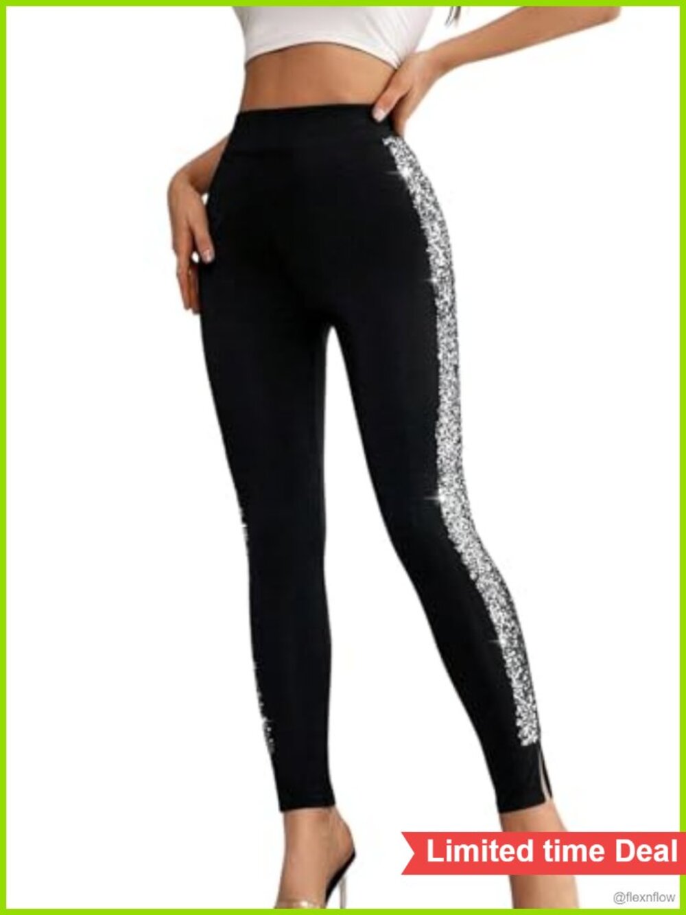 High Waist Sequin Leggings Split Hem Running Yoga Workout Pants